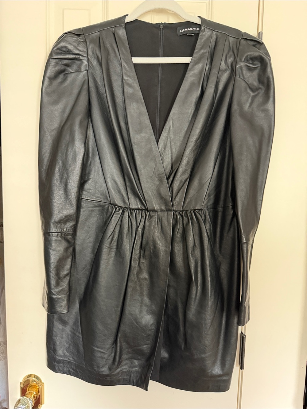 Lamarque Black Leather Puff-Sleeve V-Neck Dress L